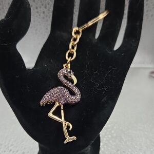 Keychain, Gold Flamingo  with Purple Rhinestones NWOT